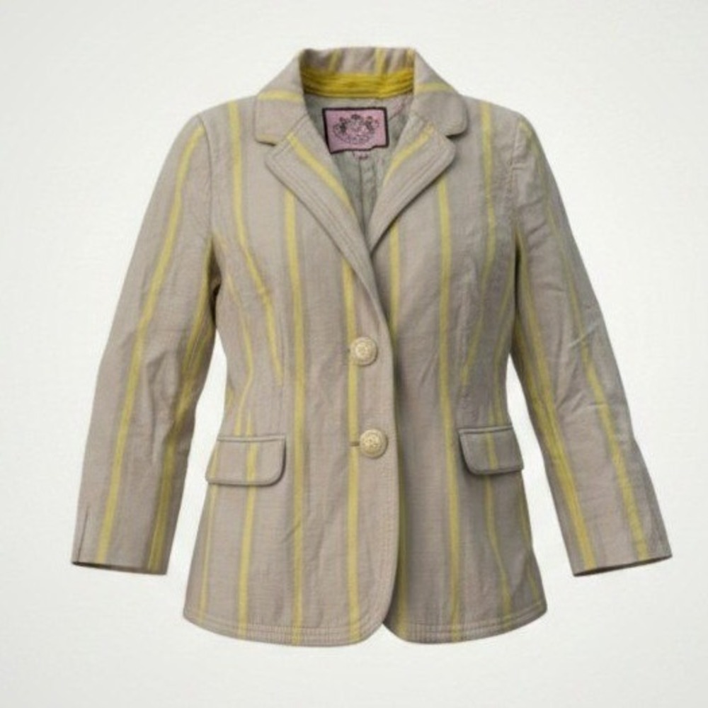 Juicy Couture Blazer Women 6 Tan Yellow Striped Y2K Light Academia Old Money